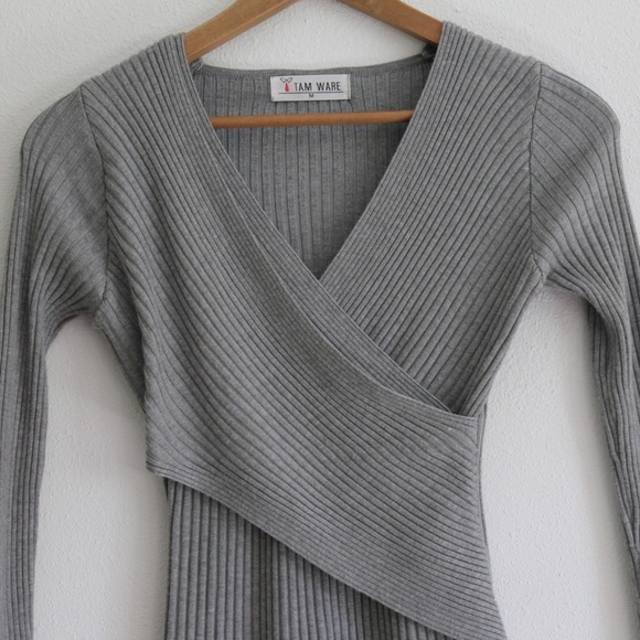 Grey Ribbed Cross Over Bodycon Dress - Picture 2 of 7